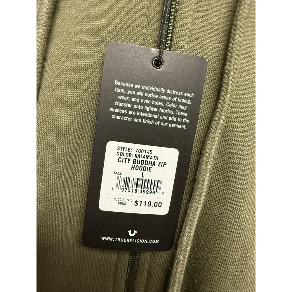 True Religion Full Zip Hoodie Mens L City Buddha‎ Green Gold Sweatshirt NWT $119